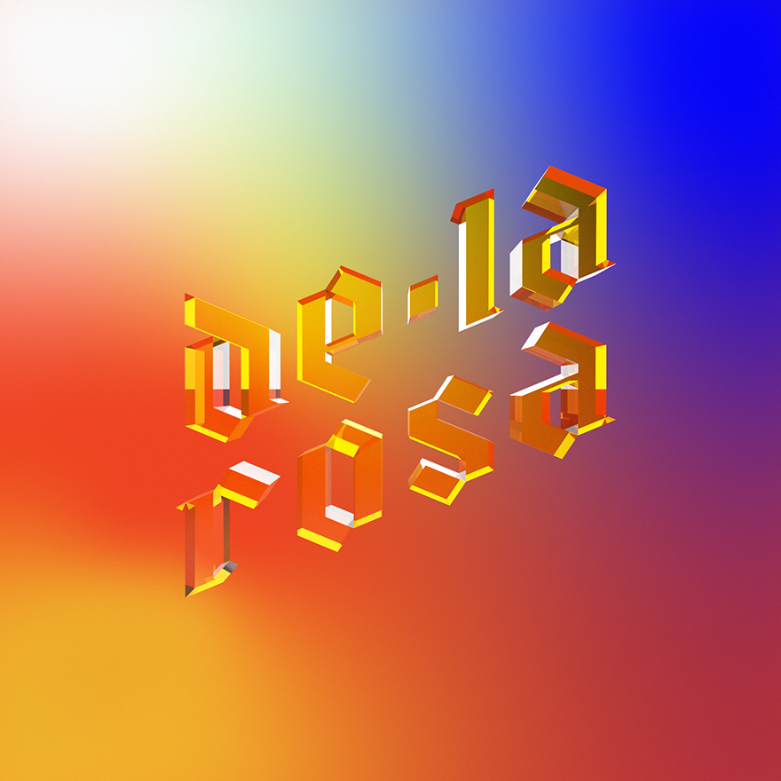 Transparent 3D render of de la Rosa logo placed over colourful gradient background