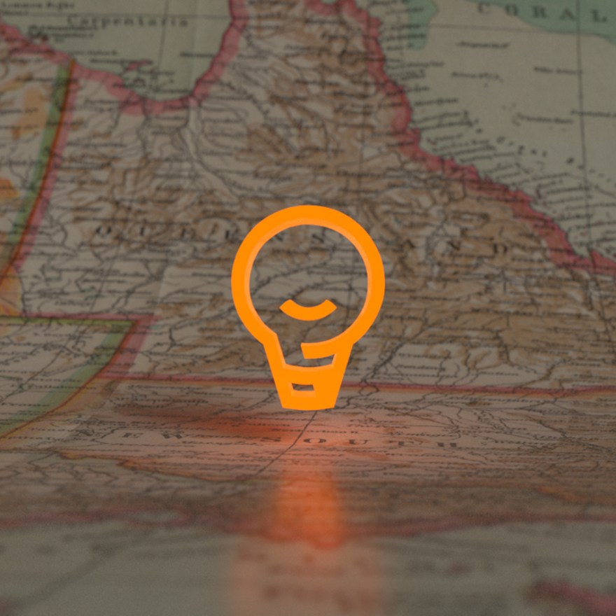 Glowing FAME logo hovering above the map of Australia like a drop pin