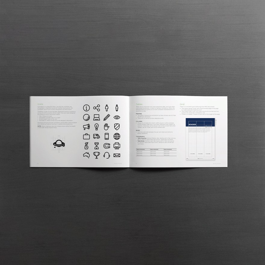 Icons and layout page of the redesigned MEA brand guidelines