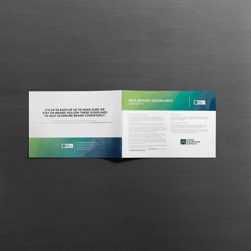 Inside cover pages of the redesigned MEA brand guidelines