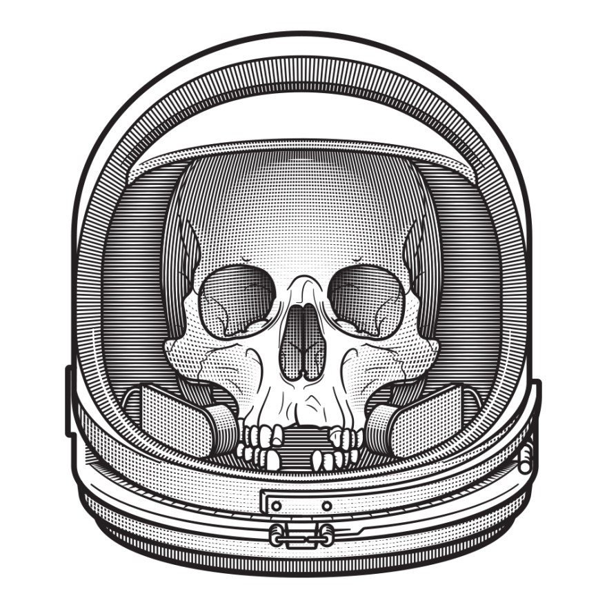 Negative space illustration; an astronaut's skull still in the helmet