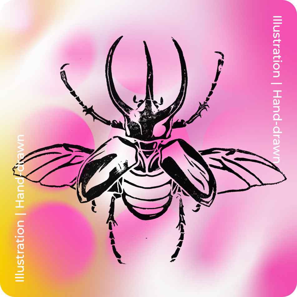 Linocut design of a rhino beetle on a hypercolour background