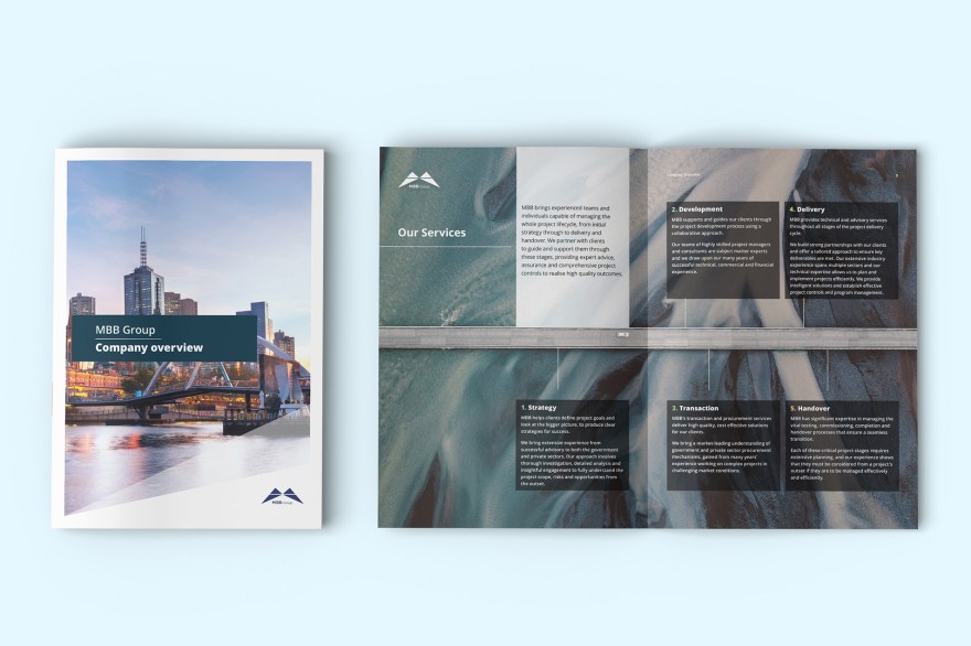 Mockup of design layout for MBB Group's company overview