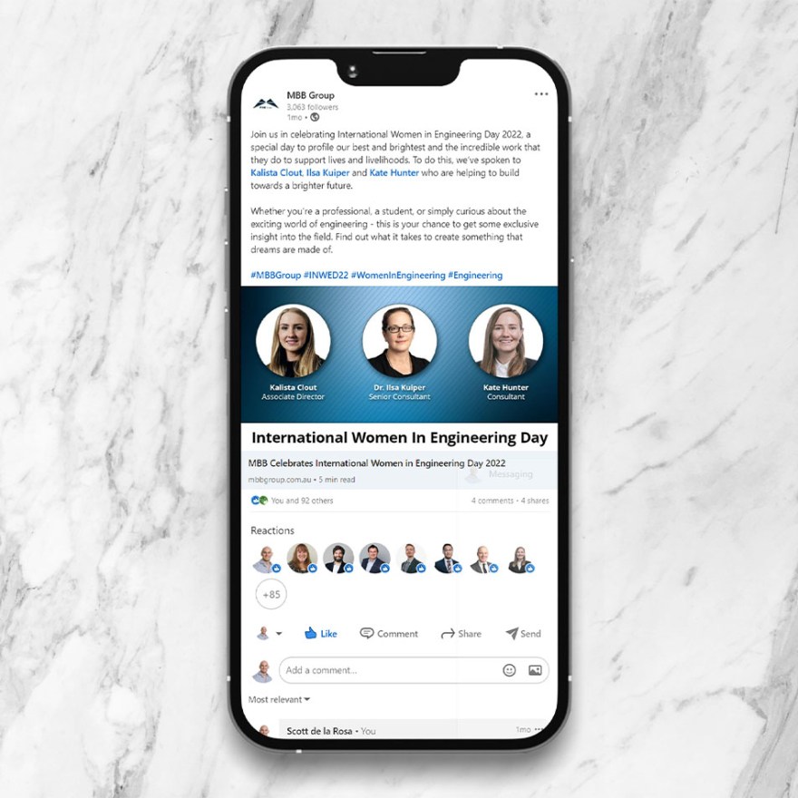 iPhone with MBB Group's LinkedIn post for Women in Engineering